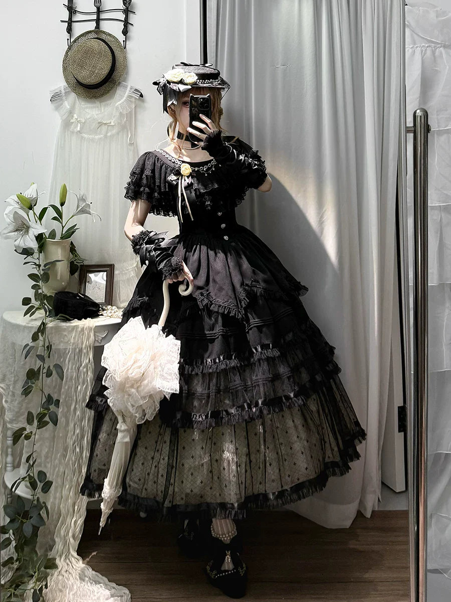 Unnamed Dusk Poem - Classic Lolita OP Dress, Tulle Skirt with Cross Accent and Accessories - image 6