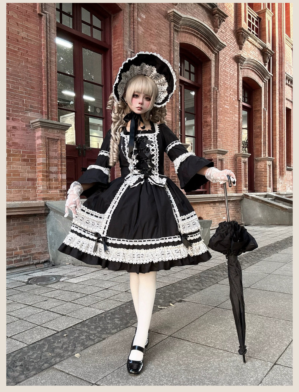 First Otome Black Old School Lolita OP Dress, Lace Details - image 13
