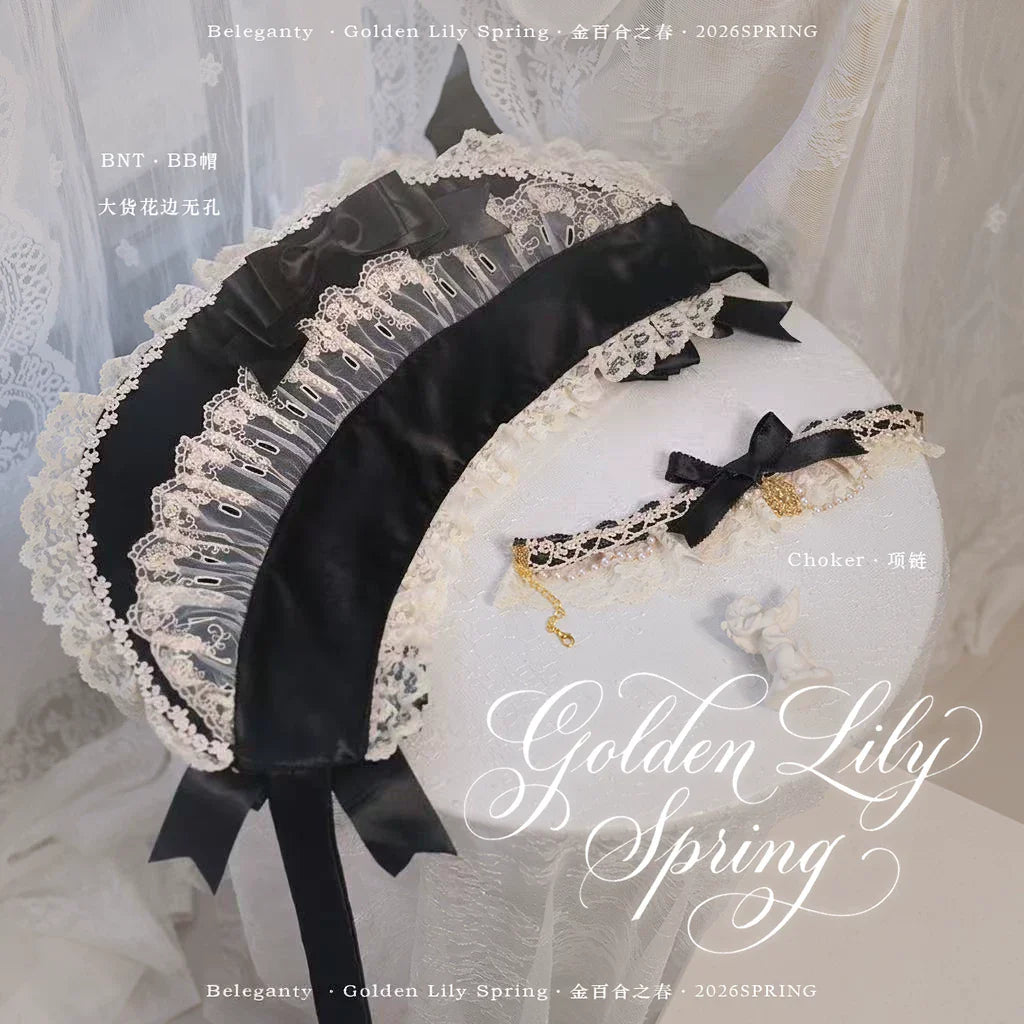Spring of Golden Lily - Satin Classic Lolita Lily Print Dress, Front Opening and Accessories - image 8