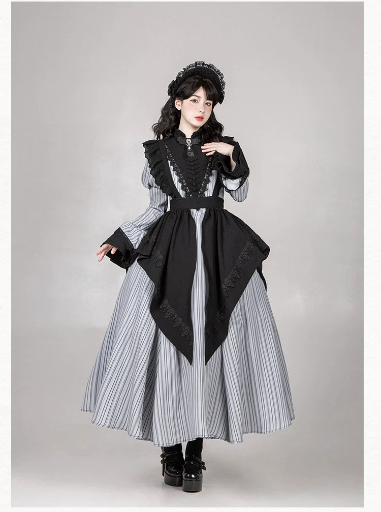 Nocturne SP - Striped Gothic Lolita OP Twin Lolita Dress with Apron and Accessories - image 22