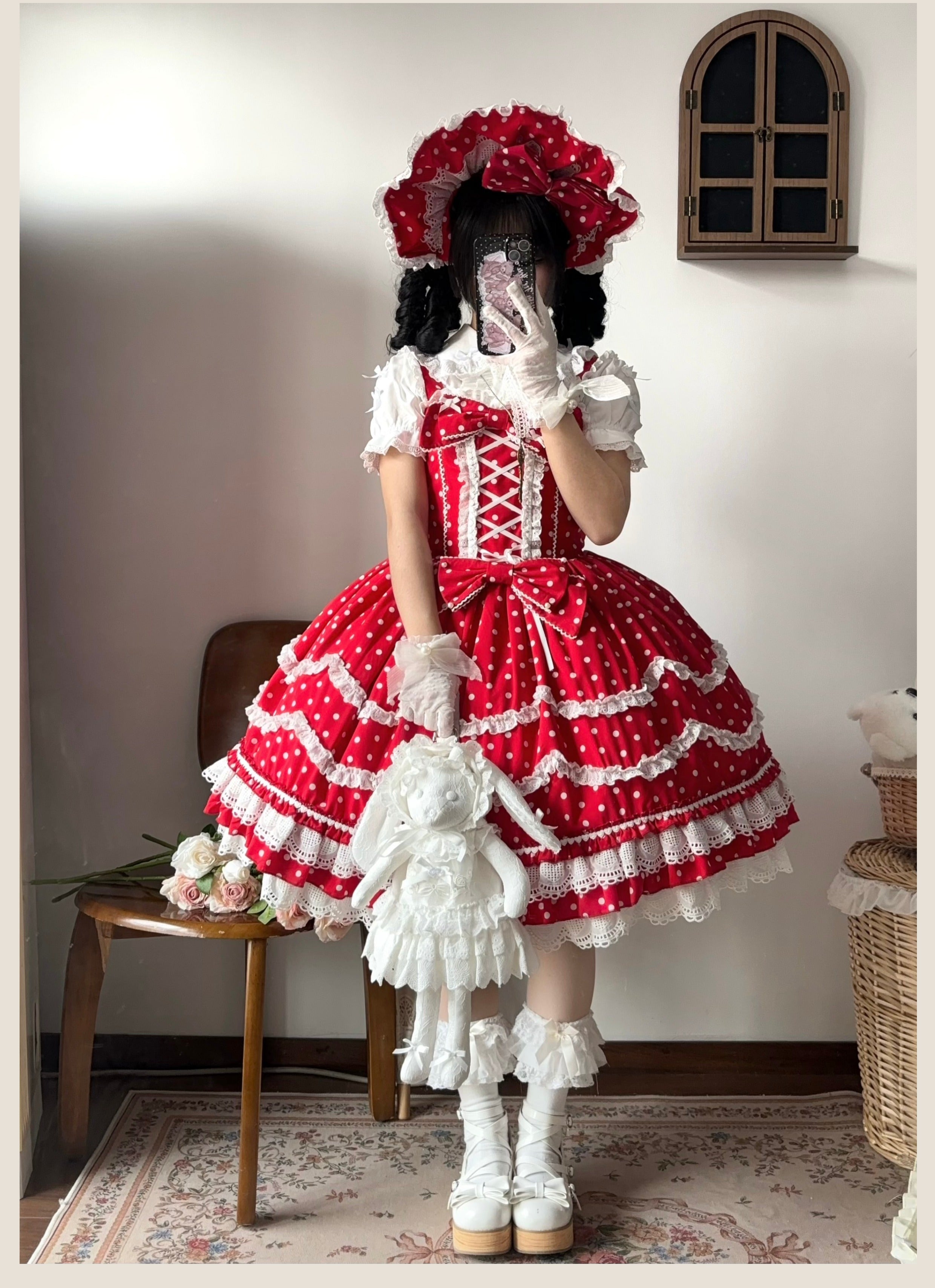 Polka Bailys - Old School Lolita JSK Suit, Red White Polka Dot Dress - image 4