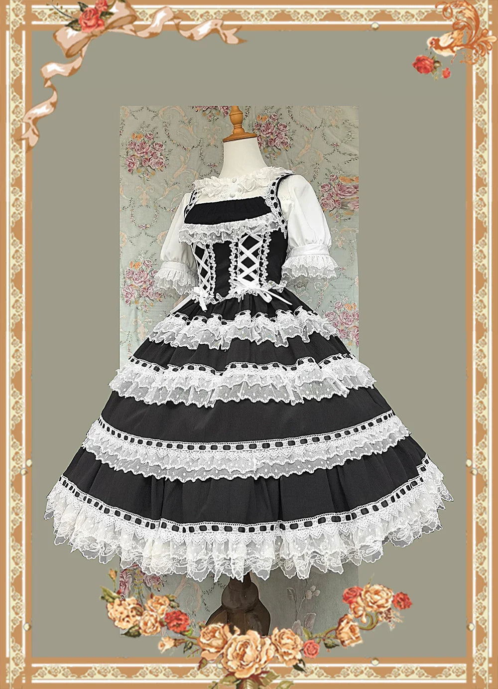 Mirror Doll - Old School Lolita Tiered Hem JSK with Polka Dot Lace and Accessories - image 11