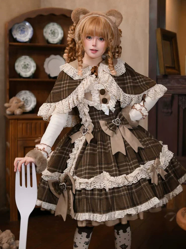 Choco Chestnut - Plaid Kawaii Lolita JSK Dress, Peter Pan Collar Cape - image 1