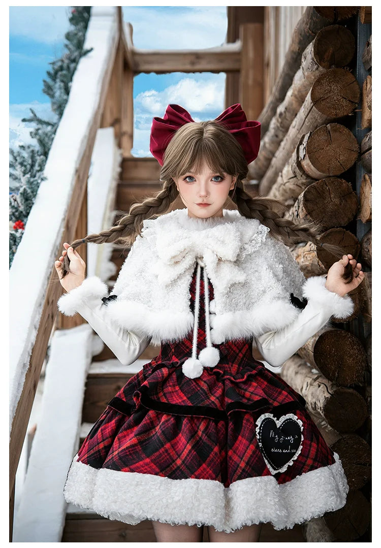 Snow Night Serenade - Fluffy Plaid Kawaii Lolita JSK, Reversible Cape and Accessories - image 5
