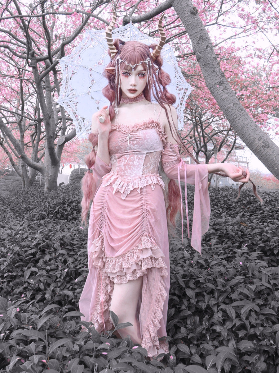 Sakura Nightmare - Pink Gothic Velvet Drawstring Dress - image 1