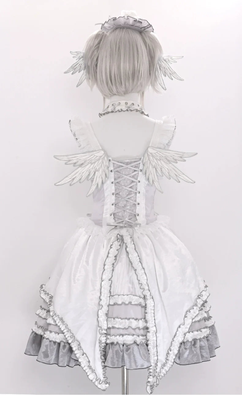 Metallic Angel - Silver-white Punk Lolita JSK, Wing and Rhinestone Details - image 33