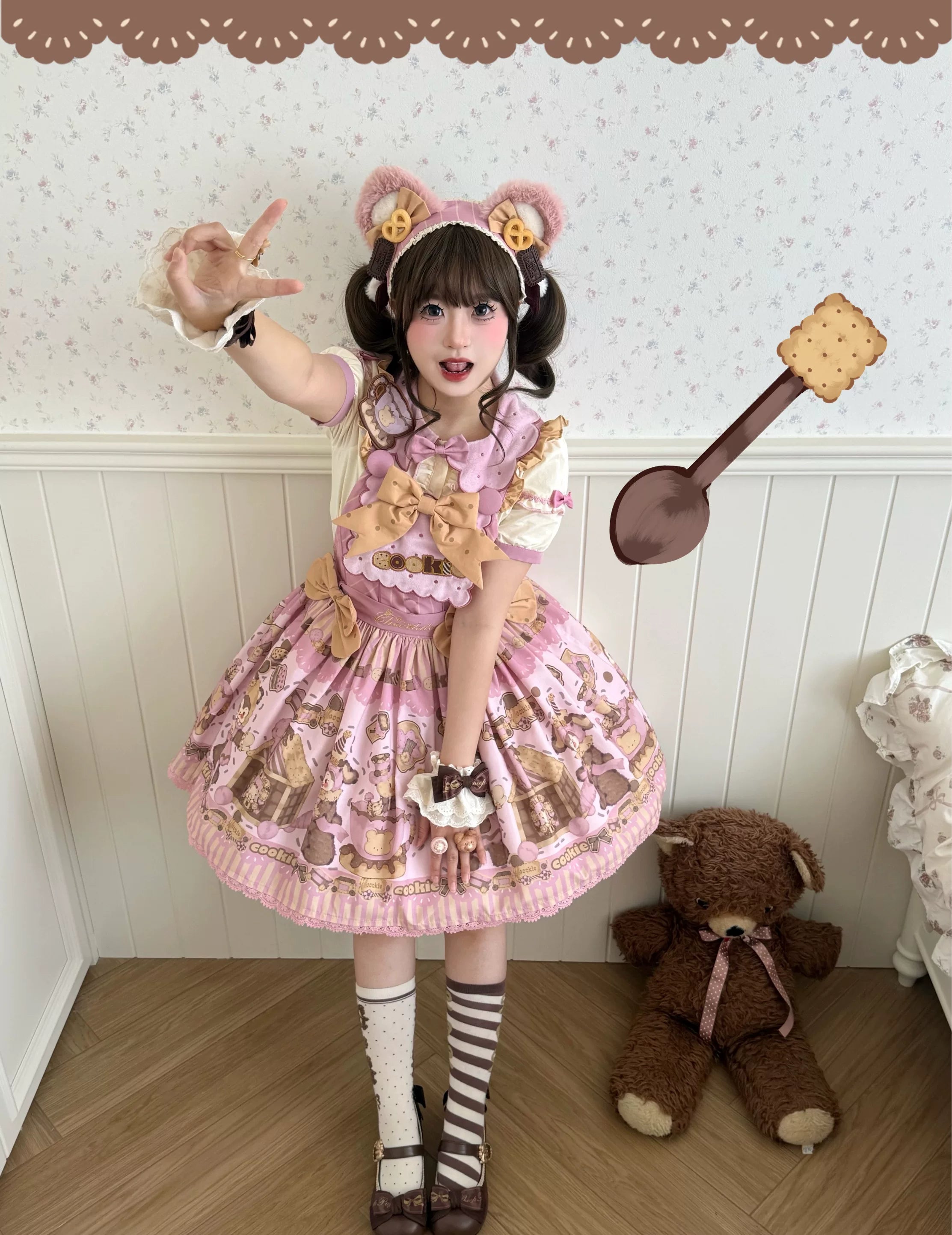 Bear Biscuit SP - Kawaii Lolita Bear Printed Dress Set with Bows - image 21