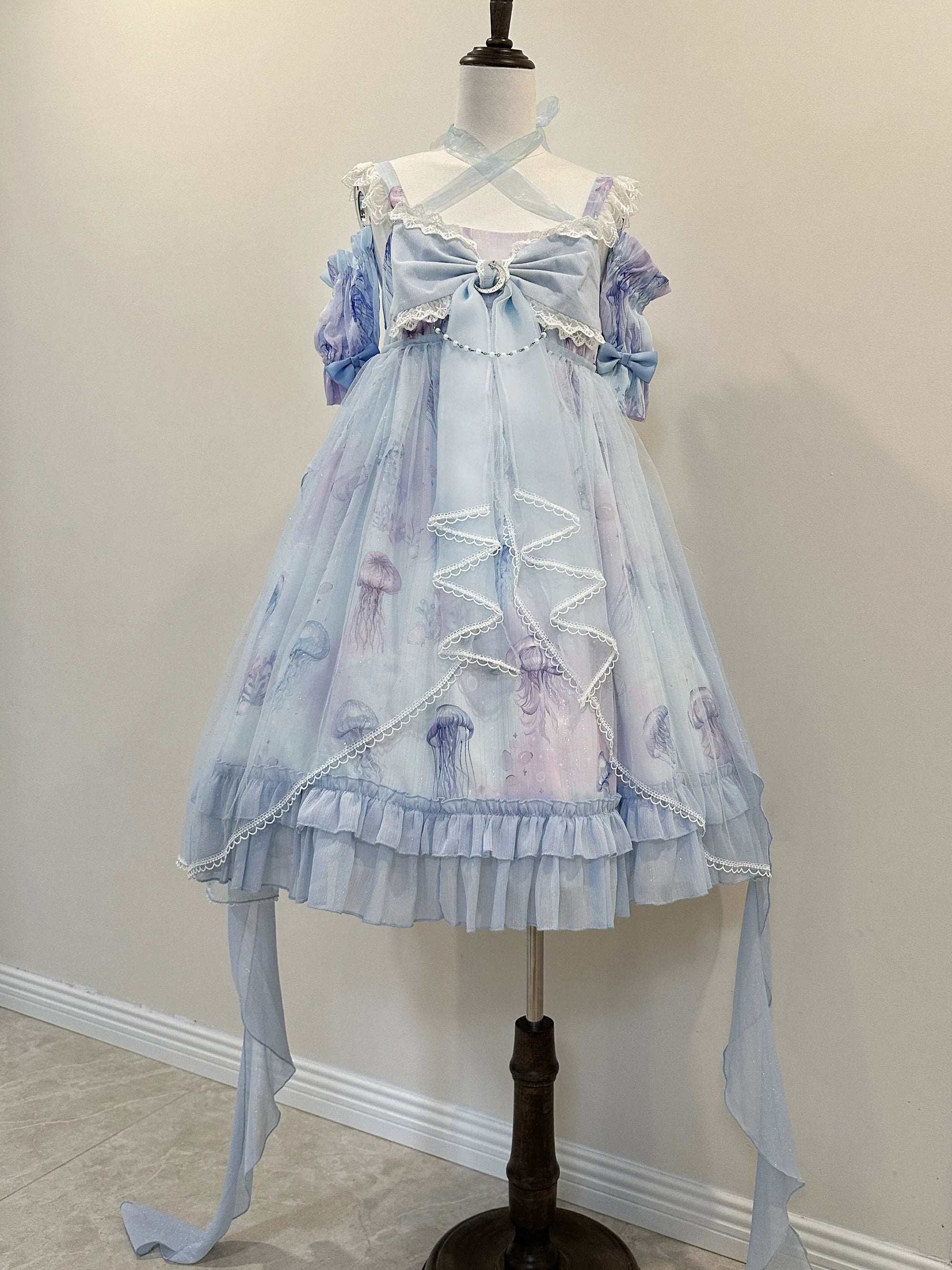 Coral Jellyfish - Sweet Lolita High-waist JSK Dress, Jellyfish & Coral Print and Accessories - image 4