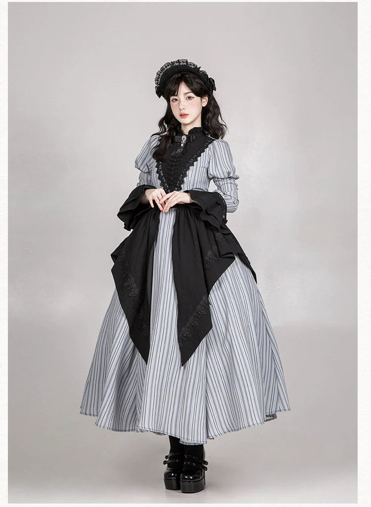 Nocturne SP - Striped Gothic Lolita OP Twin Lolita Dress with Apron and Accessories - image 23