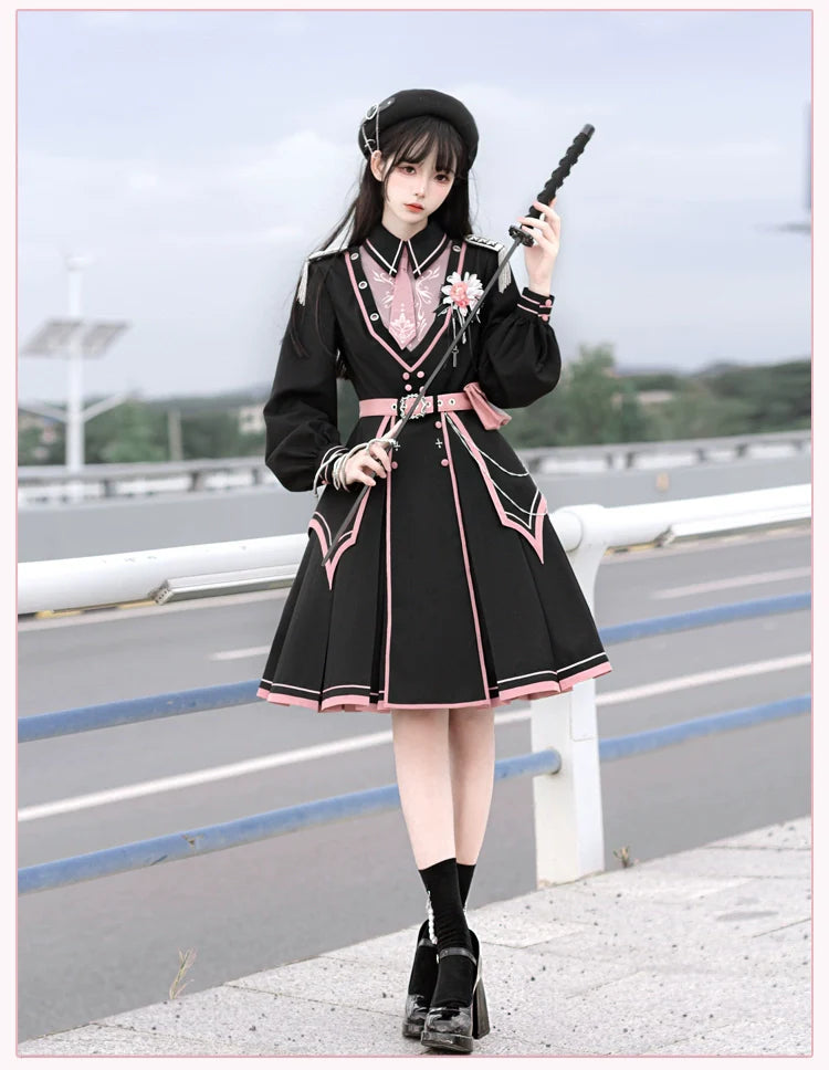 Chunlv Dark Pink Military Lolita OP Dress and Cloak - image 25