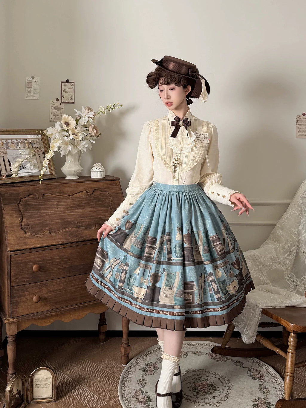 Coffee Bookshelf - Classic Lolita JSK and SK Set, Coffee Cup and Book Print - image 4