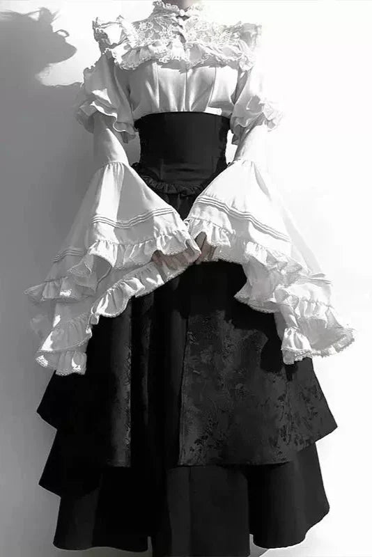 Dark Gothic Lolita Ruffle Blouse and Skirt Set - image 3