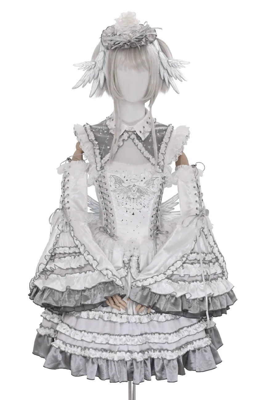 Metallic Angel - Silver-white Punk Lolita JSK, Wing and Rhinestone Details - image 38