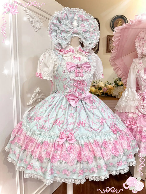 2026 Summer Rose Lattice Tiered Sweet Lolita JSK Dress with Bow Headpiece and Accessories - image 2