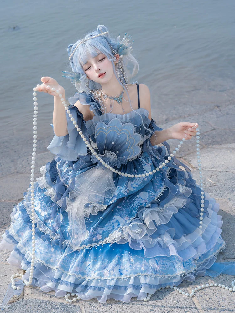 Blue Breath Jellyfish - Classic Lolita JSK Dress, Side Zipper - image 3