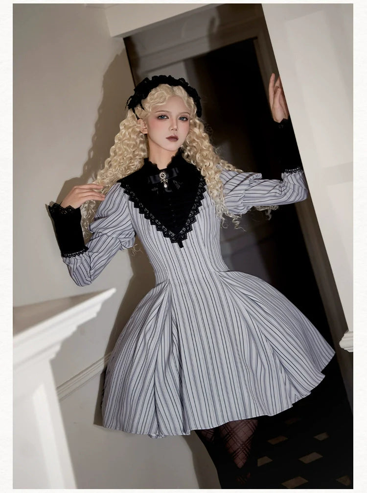 Nocturne SP - Striped Gothic Lolita OP Twin Lolita Dress with Apron and Accessories - image 16