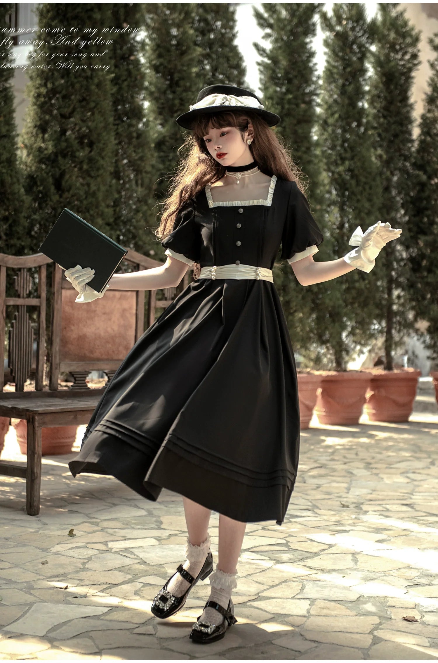 Thoughts - Vintage Black Lolita OP Dress with Square Neckline - image 3