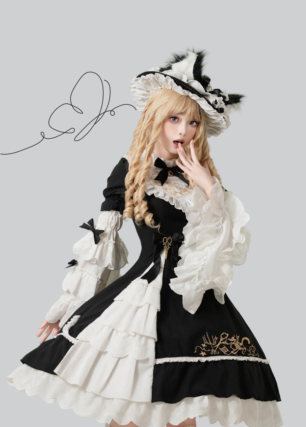 Sewing Magic Cat - Classic Lolita Six-Panel OP Dress with Embroidery and Accessories - image 2
