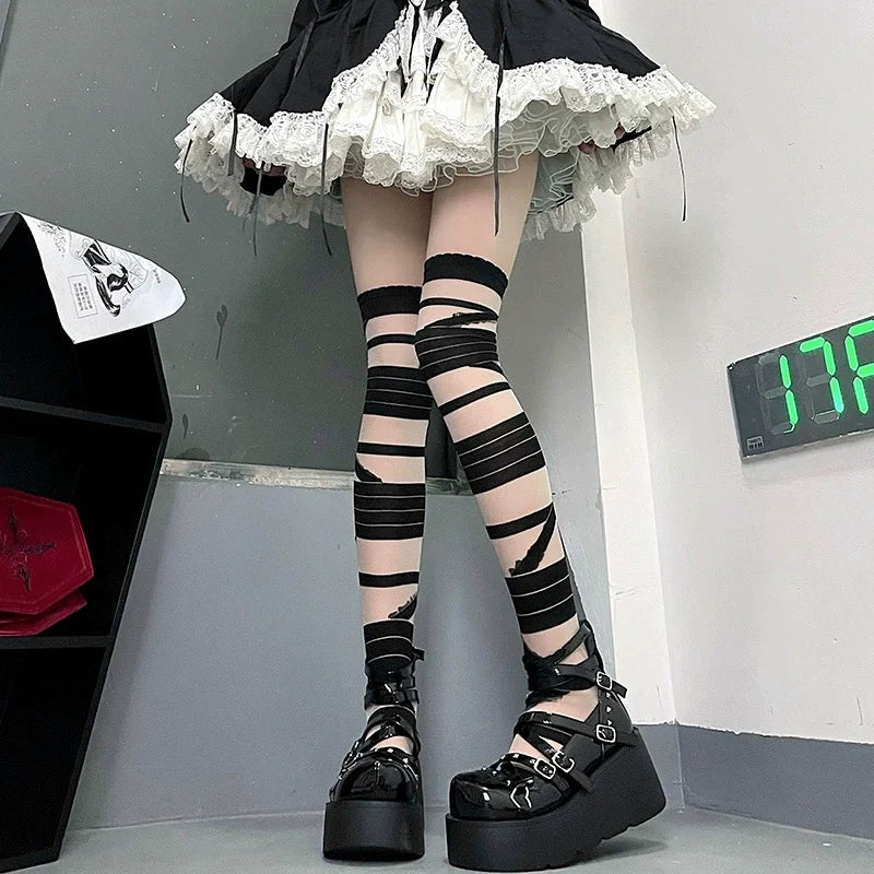 Ribbon-Tie Striped Thigh-High Lolita Socks - image 2