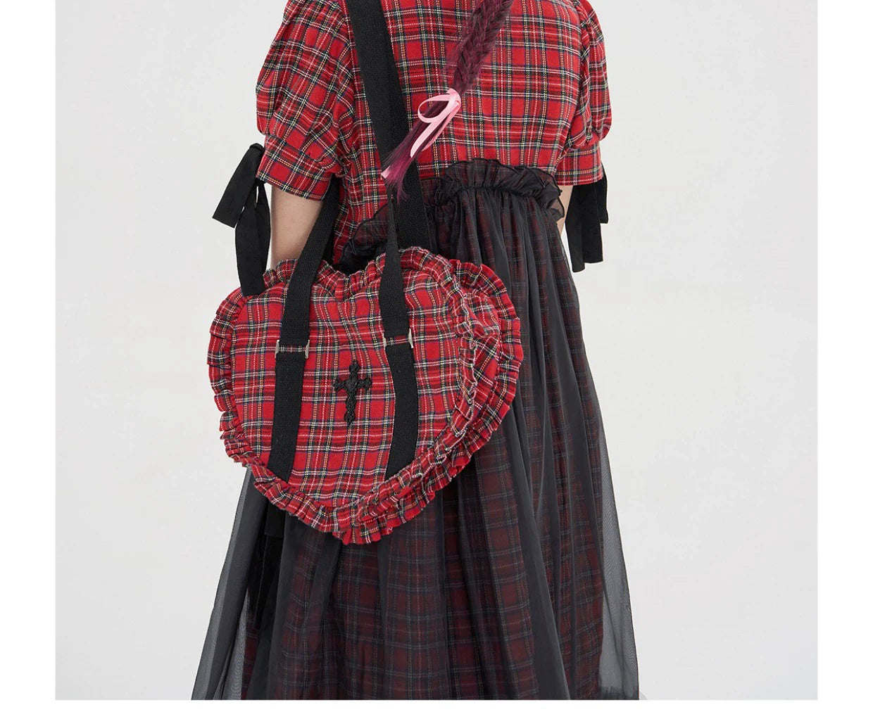Vintage Lolita Heart Shaped Plaid Dot Print JK Uniform Bag - image 29