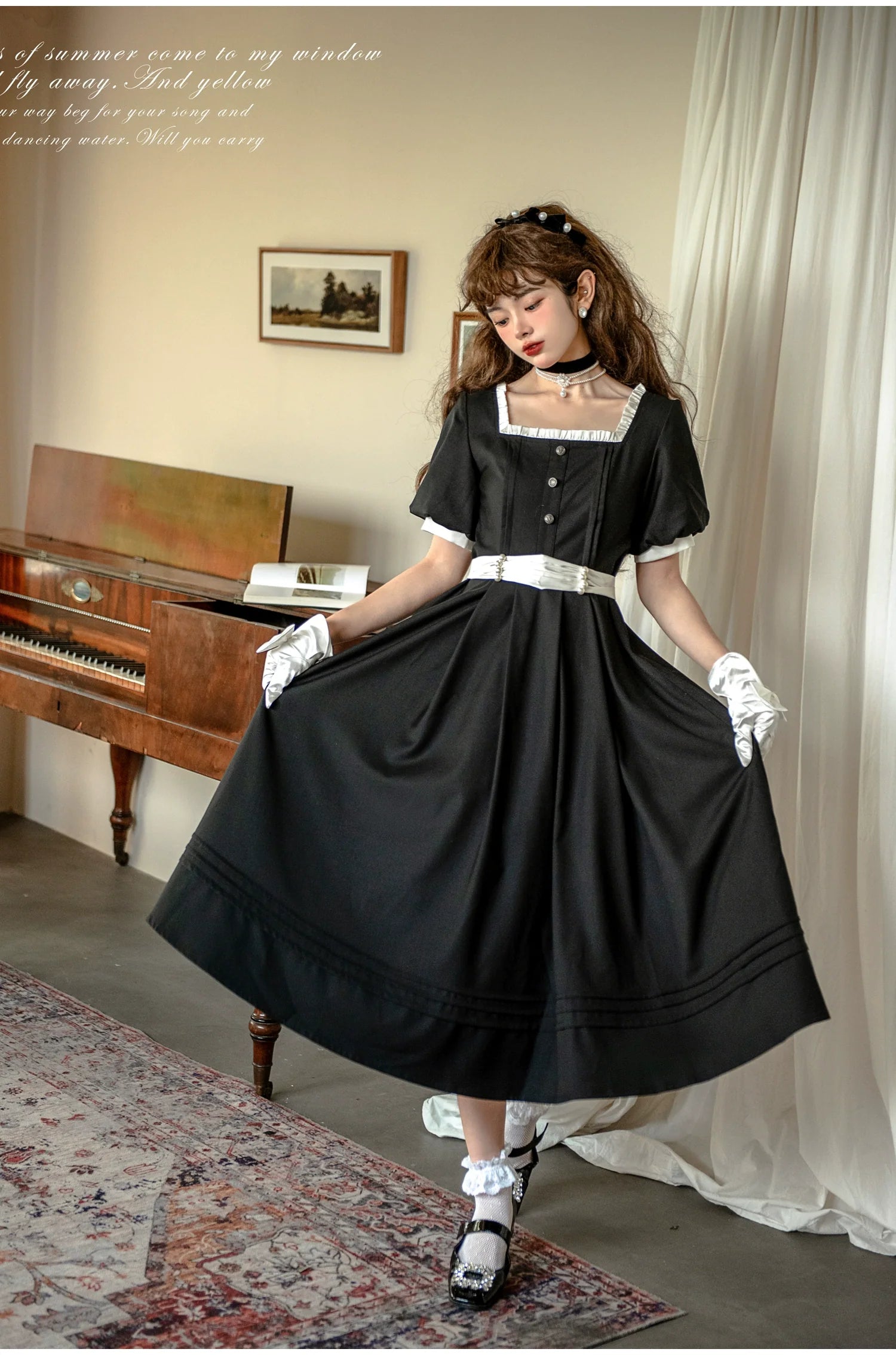 Thoughts - Vintage Black Lolita OP Dress with Square Neckline - image 7
