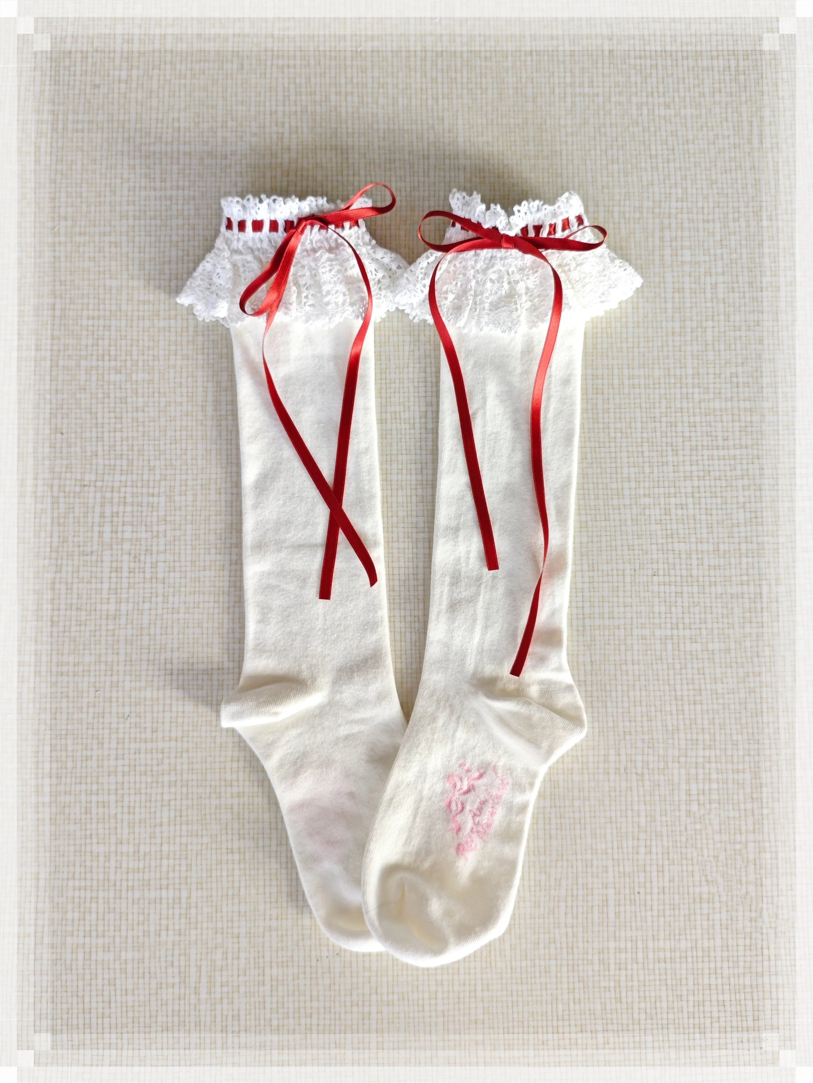 Cotton Old School Lolita White Socks with Colorful Ribbon Bows - image 22