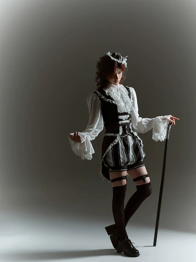Crow Feather Ode - Ouji Lolita Cotton Linen Shirt and Clock Embroidery Vest Set - image 17