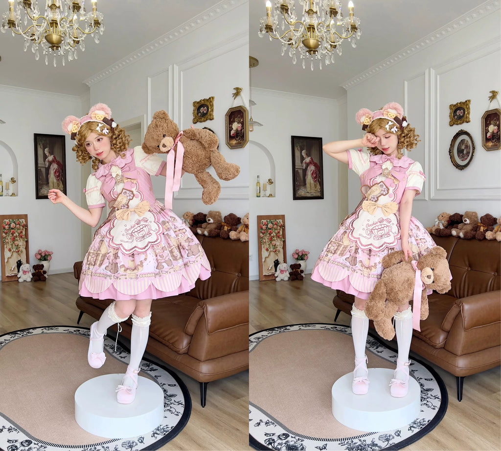 Bear Biscuit SP - Kawaii Lolita Bear Printed Dress Set with Bows - image 44