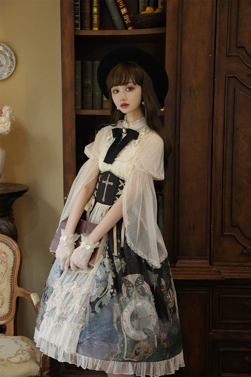 Clock Butterfly - Gothic Lolita Printed Blouse and Corset Skirt Set - image 27