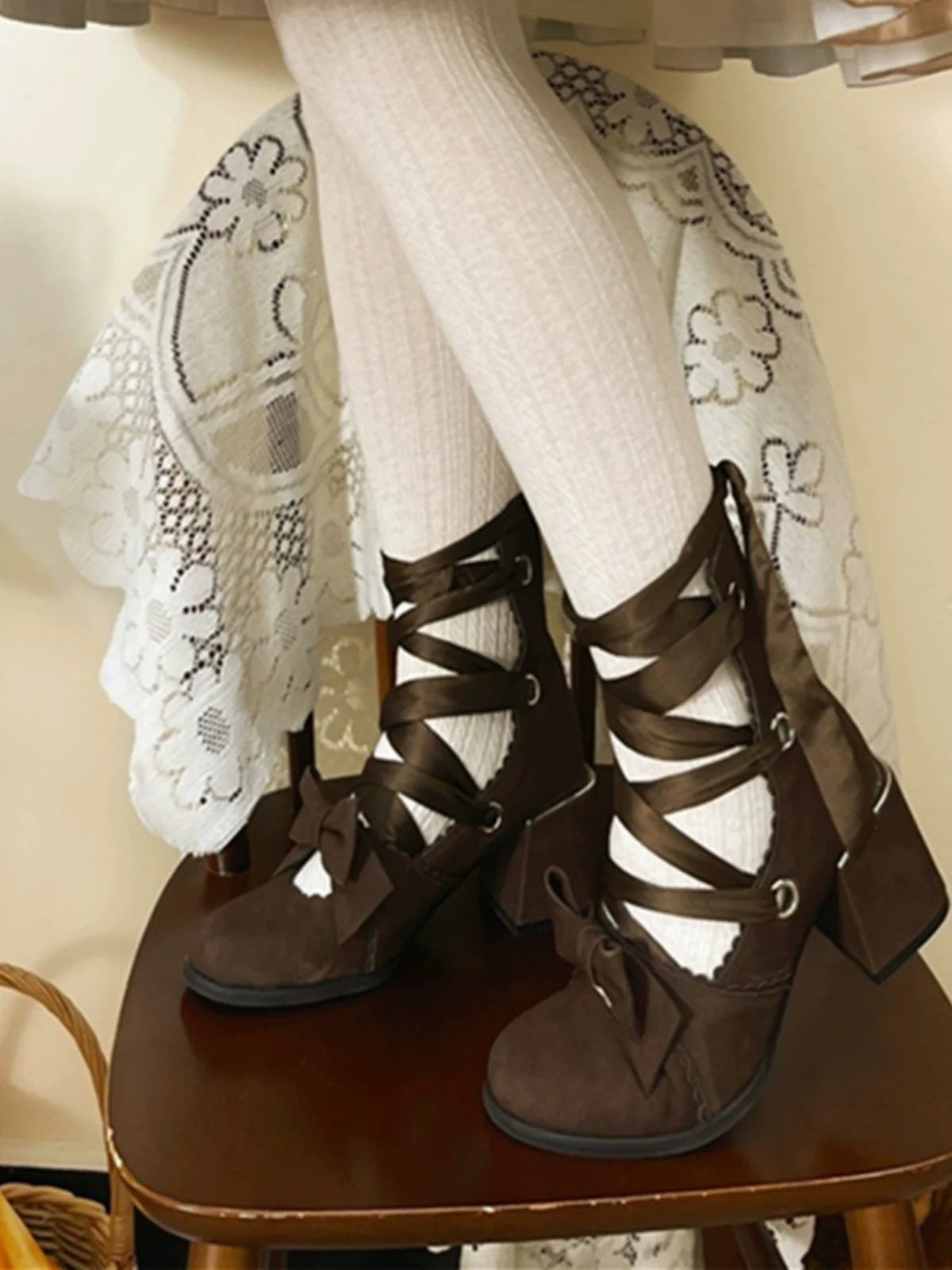 Muse Kiss - Elegant Lolita Shoes Lace-up Bow Heels Round Toe - image 22