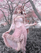 Sakura Nightmare - Pink Gothic Velvet Drawstring Dress - image 20