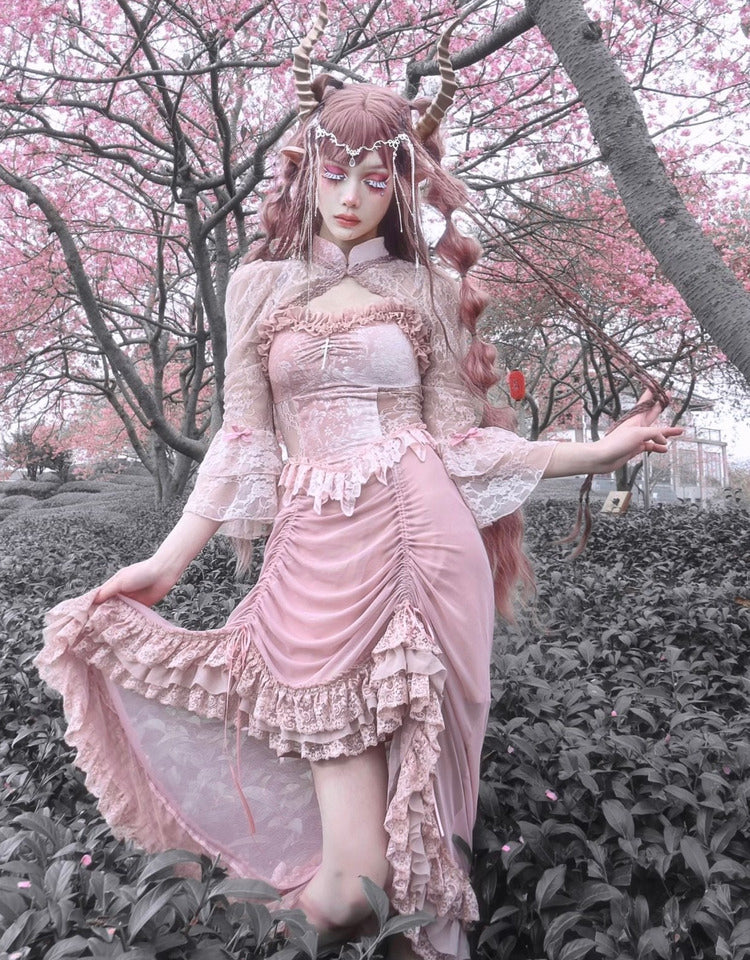 Sakura Nightmare - Pink Gothic Velvet Drawstring Dress - image 20