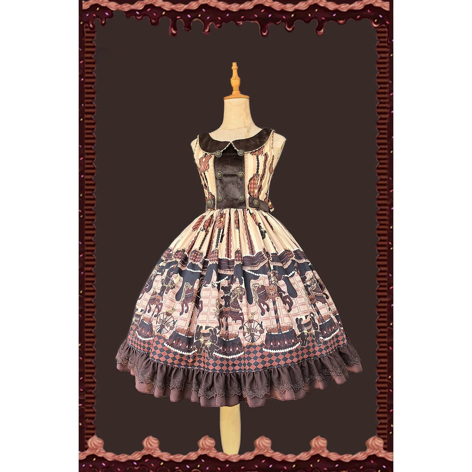 Chocolate Carousel - Peter Pan Collar Old School Lolita JSK Dress, Carousel Print and Accessories - image 1