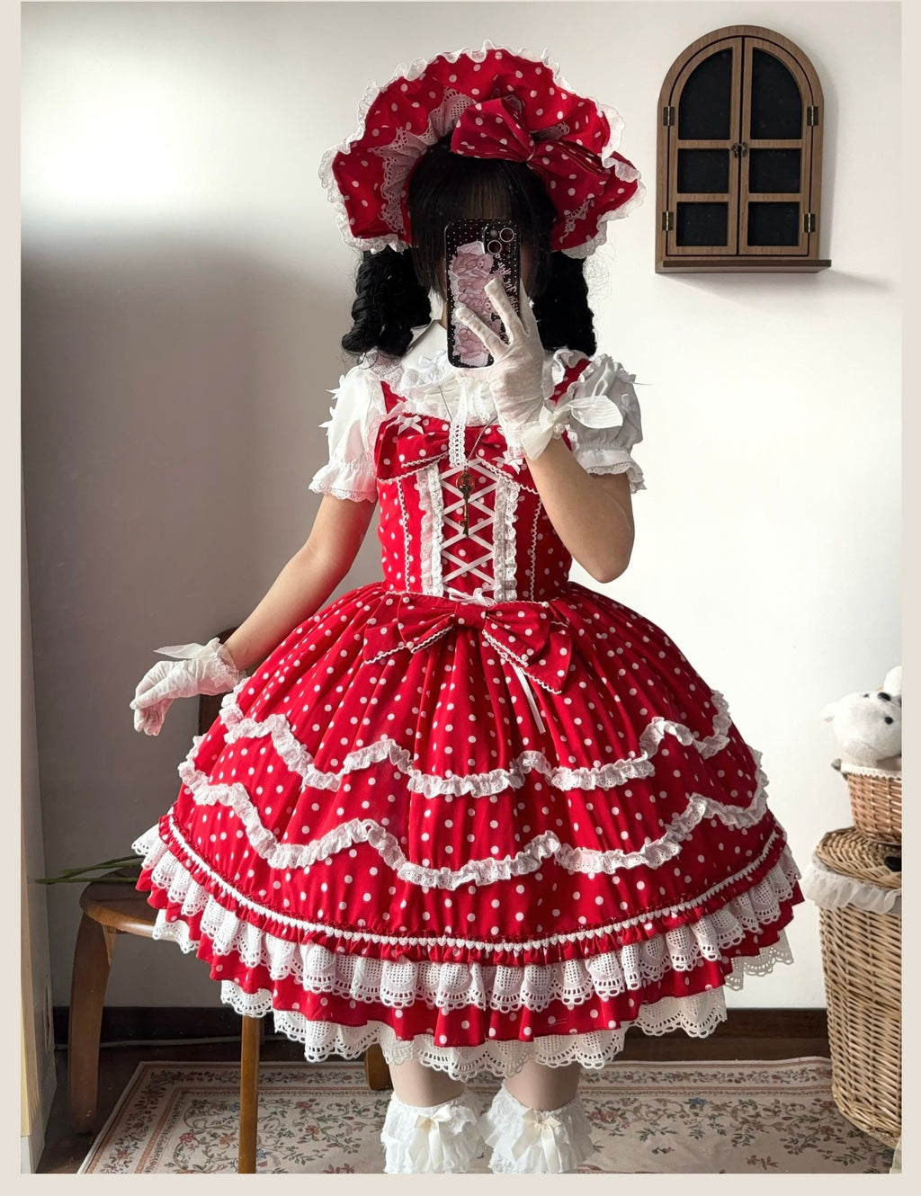 Polka Bailys - Old School Lolita JSK Suit, Red White Polka Dot Dress - image 1