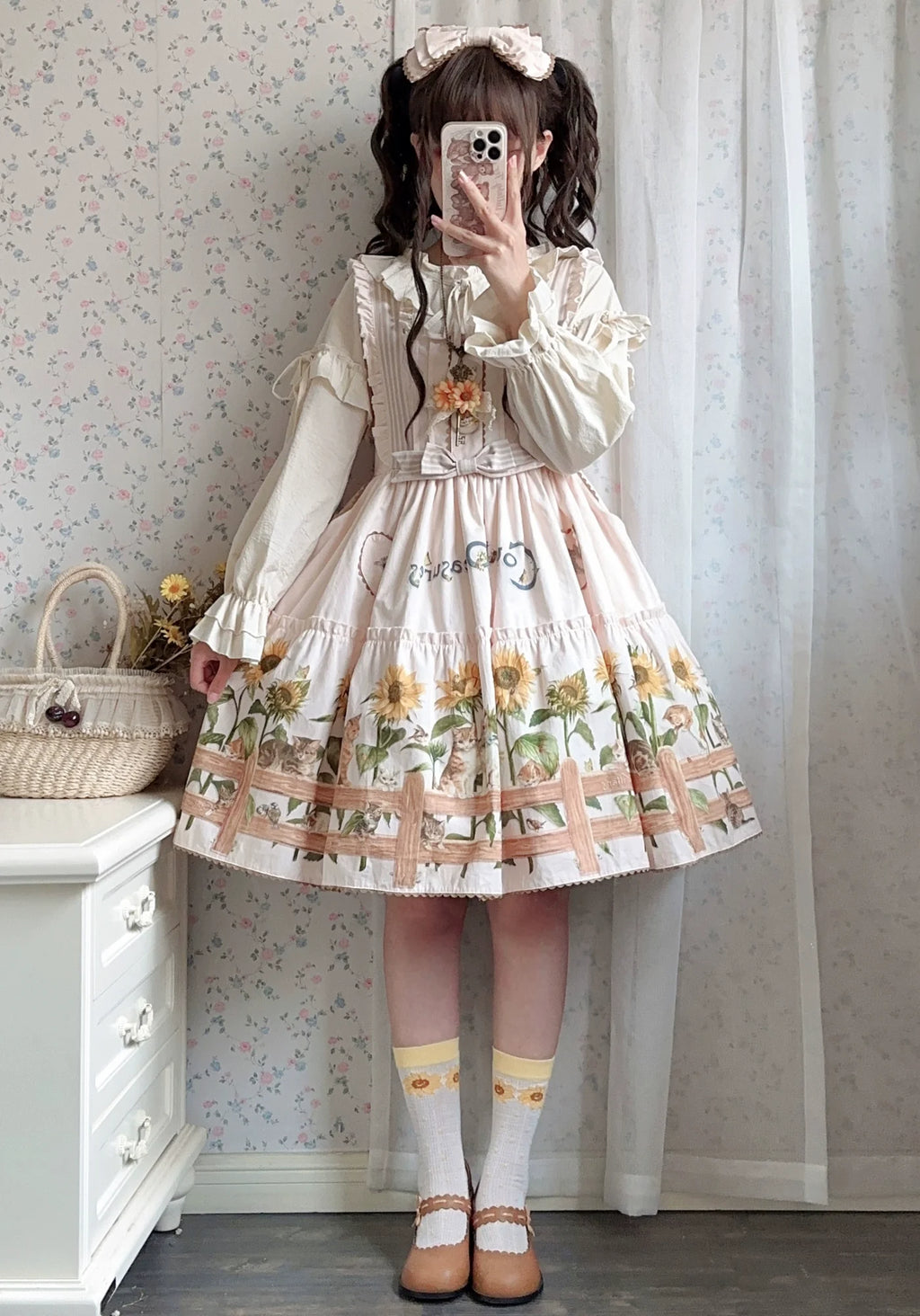Cat and Sunflower - Sweet Lolita JSK, Cat and Sunflower Print - image 32