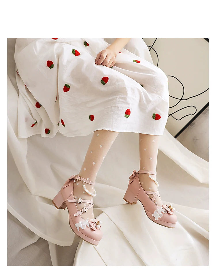 Round Toe Sweet Lolita Shoes, Detachable Pearl Chain - image 12