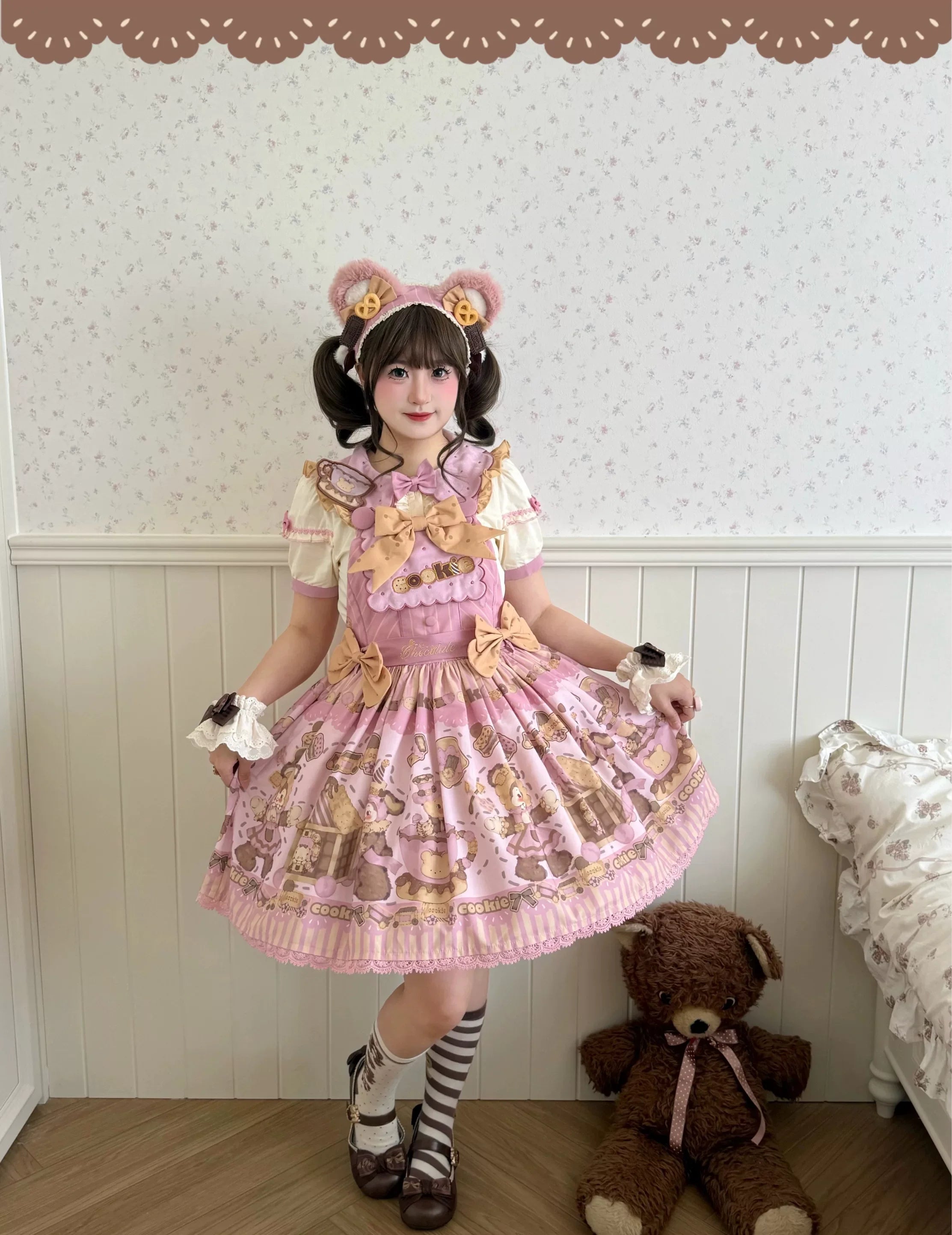 Bear Biscuit SP - Kawaii Lolita Bear Printed Dress Set with Bows - image 23