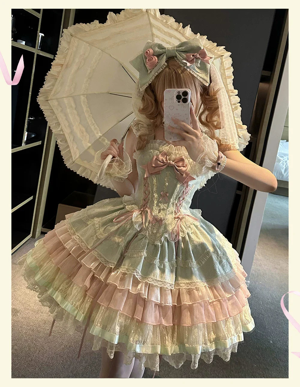 Lotus Crossing - Sweet Lolita Tiered Hem JSK Dress with Satin Bow and Accessories - image 19