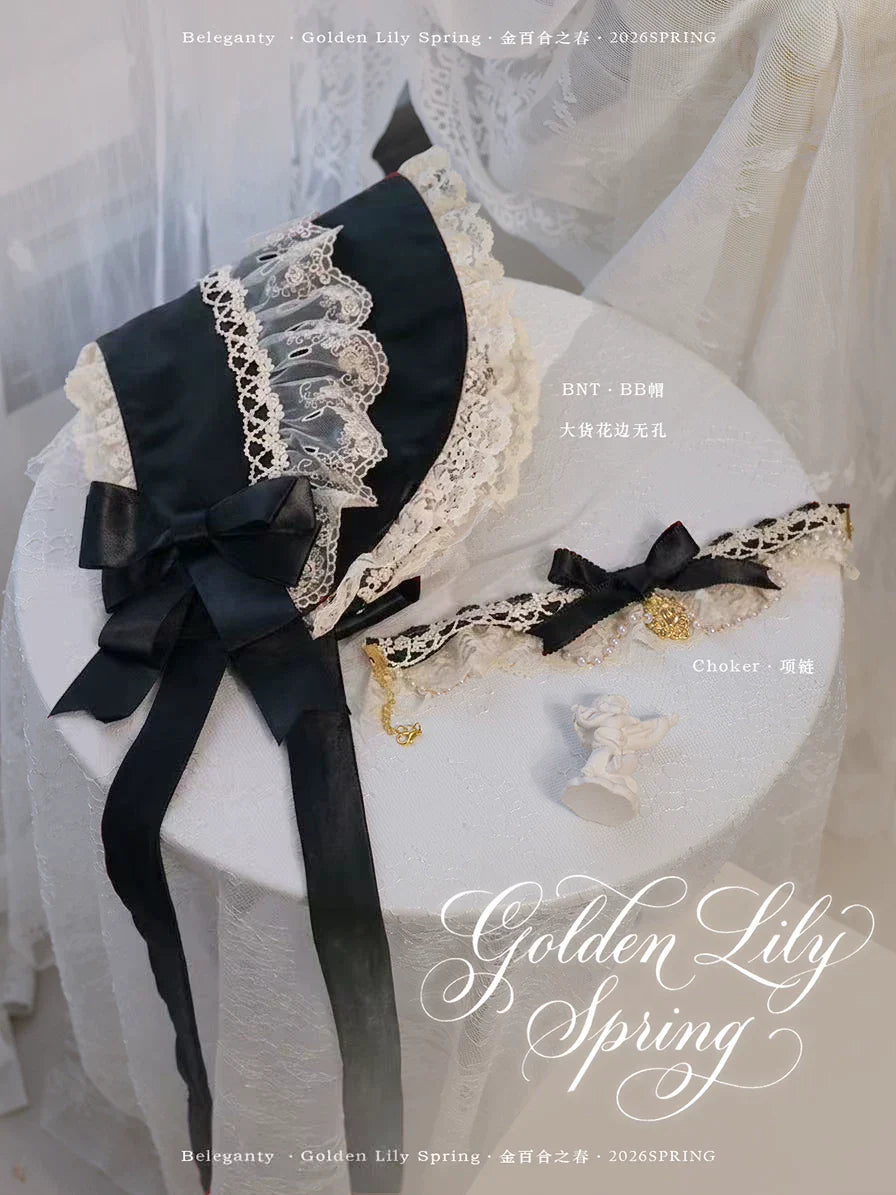 Spring of Golden Lily - Satin Classic Lolita Lily Print Dress, Front Opening and Accessories - image 7