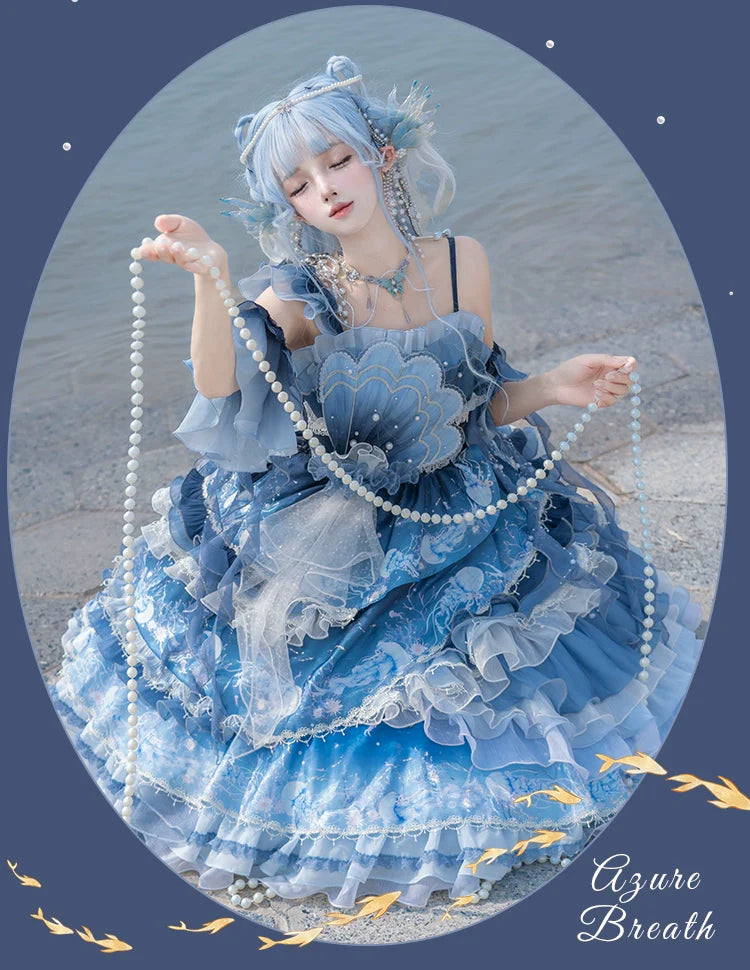 Blue Breath Jellyfish - Classic Lolita JSK Dress, Side Zipper - image 11
