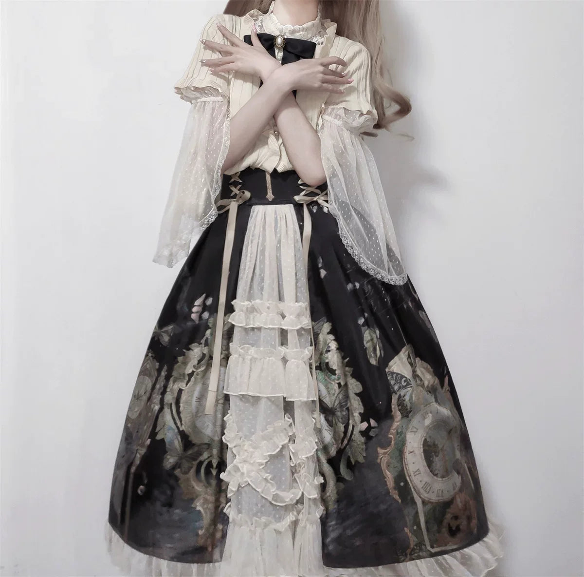 Clock Butterfly - Gothic Lolita Printed Blouse and Corset Skirt Set - image 14