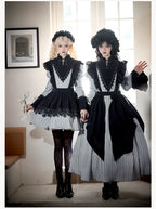 Nocturne SP - Striped Gothic Lolita OP Twin Lolita Dress with Apron and Accessories - image 1