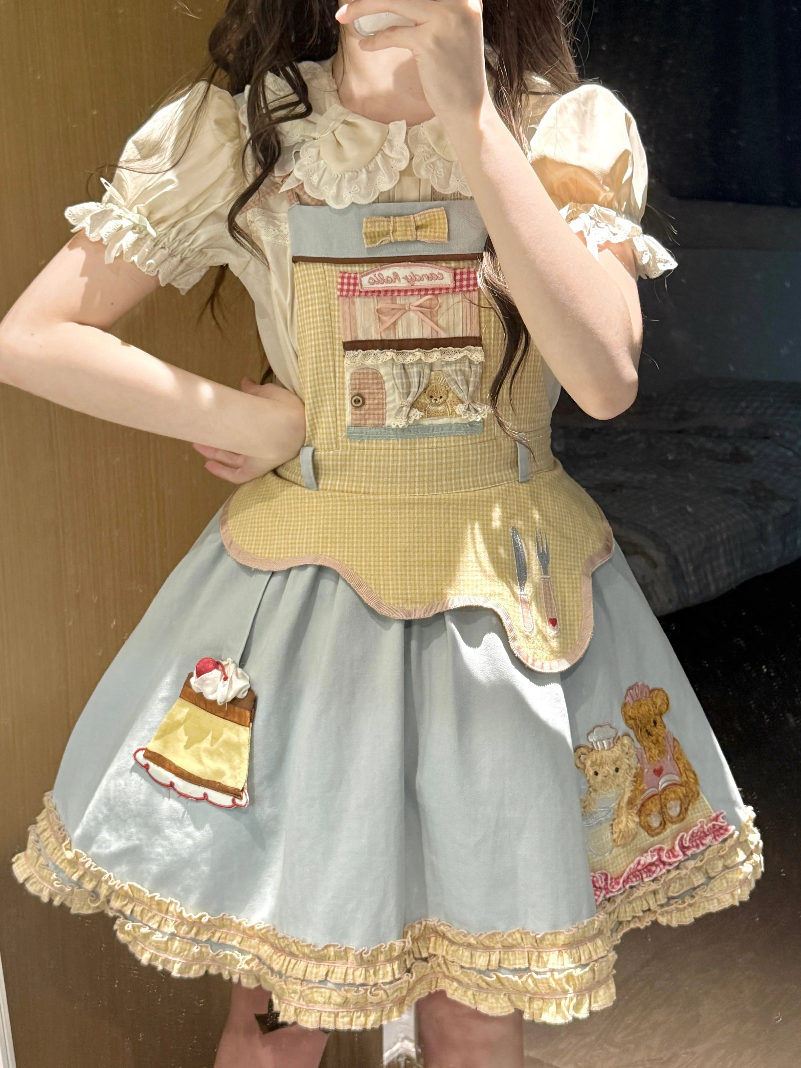 Teddy Bear Bakery Embroidered Cake Applique Sweet Lolita Suspender Skirt Set - image 9