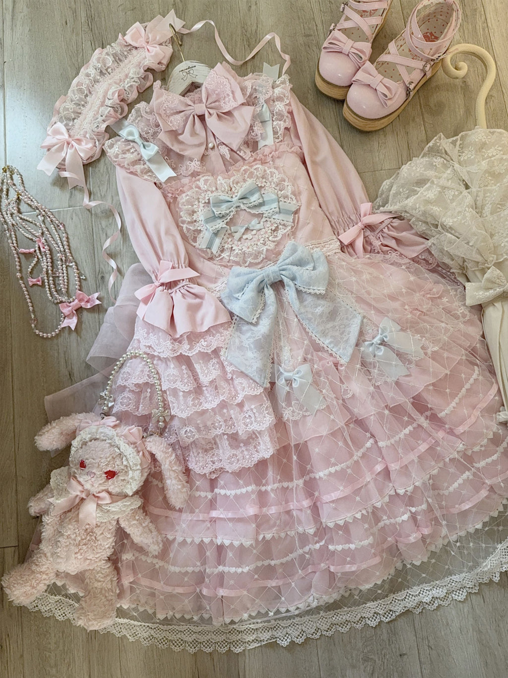 Spring Awakening - Sweet Lolita JSK and Princess-Sleeved Shirt with Lace Detail and Accessories - image 14