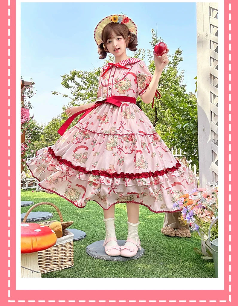 The Bear's Strawberry Field - Daily Lolita OP Dress With Petal Collar & Bear Strawberry Print and Accessories - image 8