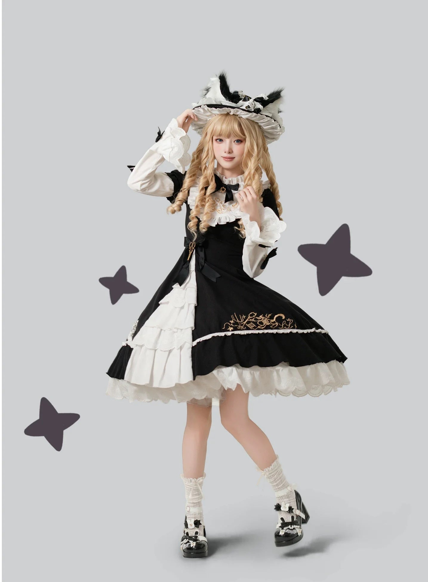 Sewing Magic Cat - Classic Lolita Six-Panel OP Dress with Embroidery and Accessories - image 1