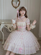 Garden Encounter of Three Springs - Cotton Old School Lolita Floral Print OP, Lace Back Opening and Accessories - image 13
