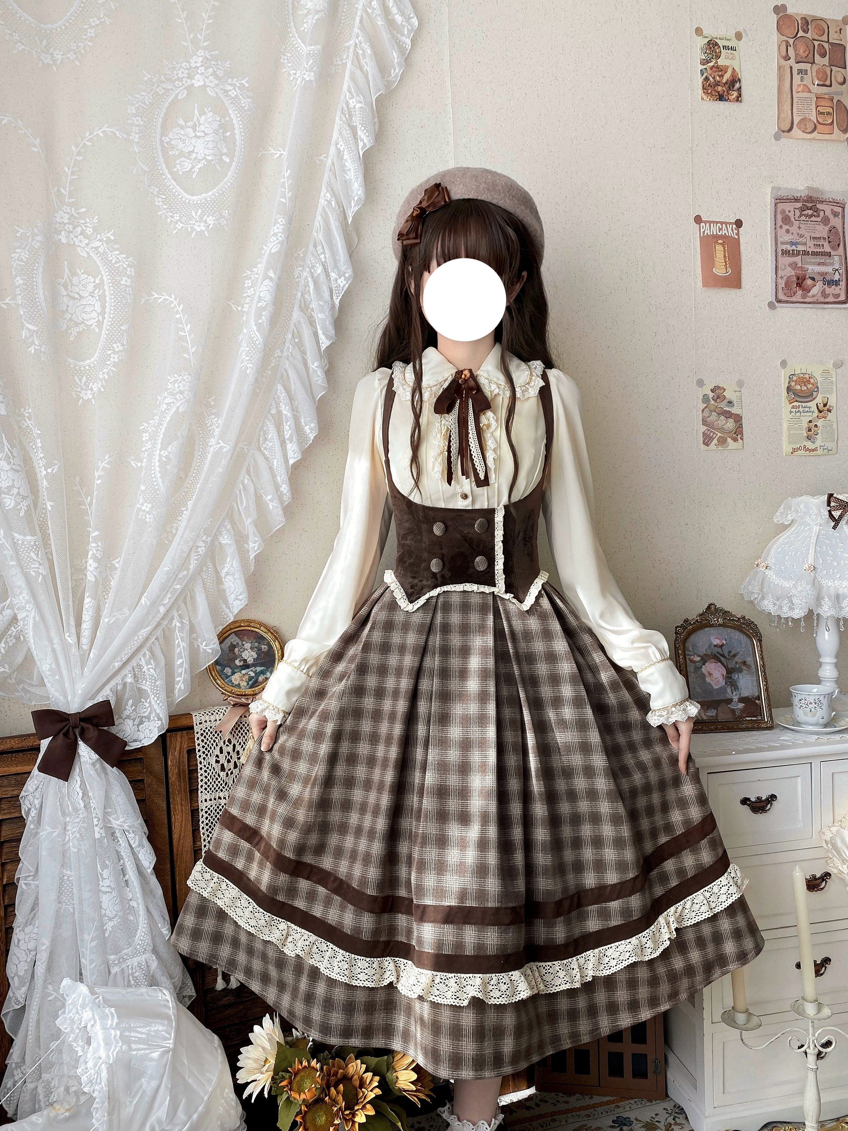 Chestnut Autumn - Plaid Classic Lolita JSK, Bust Supporting and Accessories - image 1