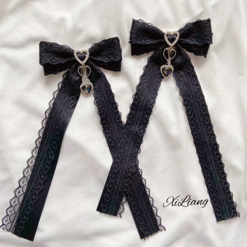 Black Lace Bow Rhinestone Lolita Hair Clip and Brooch - image 4
