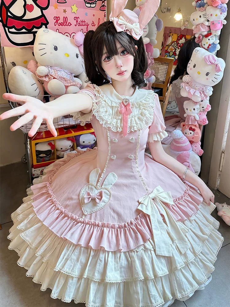 Creamy Bud - Old School Lolita OP Dress, Bunny Ear Heart Accent - image 2